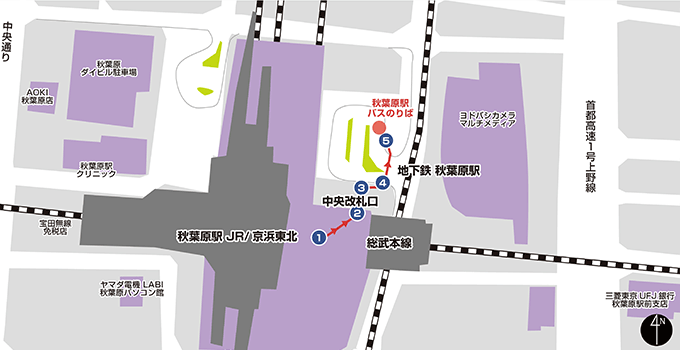 秋叶原站巴士站（东口交通广场内）路线 区域示意图