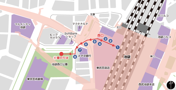 池袋站西口 4号站台路线 区域示意图