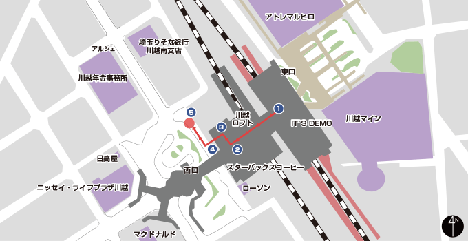 川越站西口 7号站台路线 区域示意图