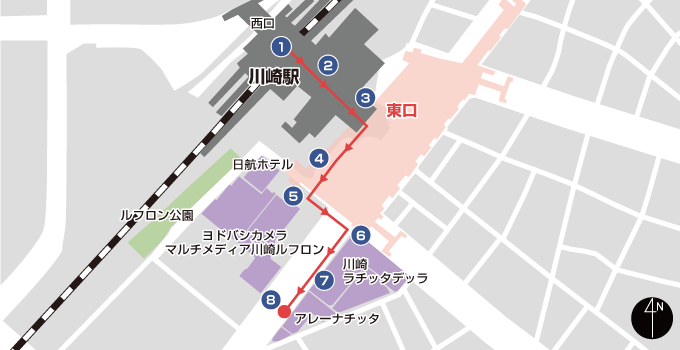 川崎站东口（LA CITTADELLA旁・ARENA CITTA前）路线 区域示意图