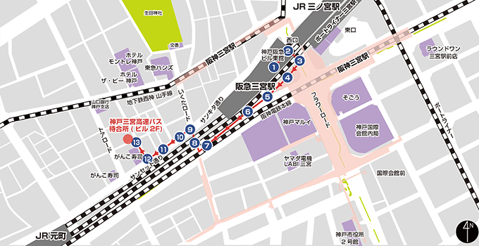 神户三宫高速巴士候车室(大厦2层) 区域示意图