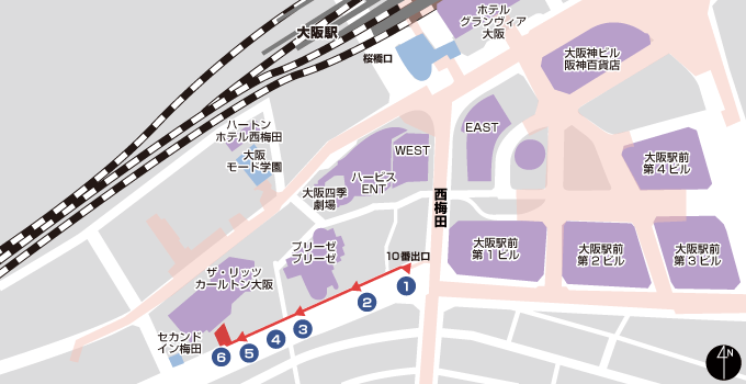 西梅田站10号出口～休息室 区域示意图