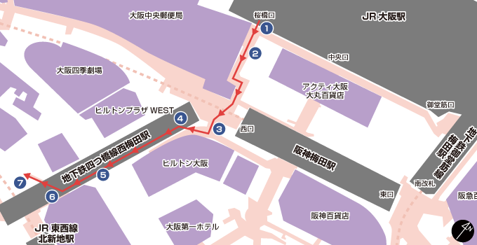 大阪站~西梅田站10号出口 区域示意图