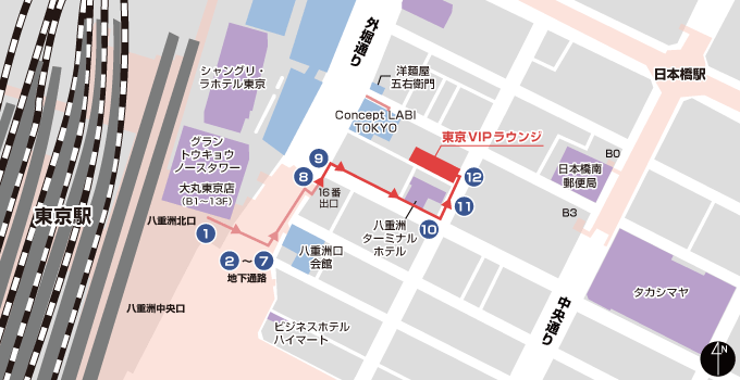 东京站(地下通道)路线 区域示意图