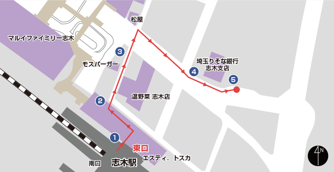 志木站入口巴士站（埼玉理索纳银行志木支行前）路线 区域示意图