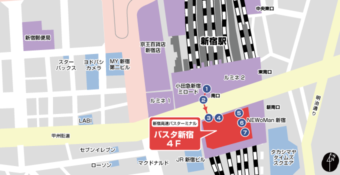 新宿巴士总站4F(新宿站南口)路线 区域示意图