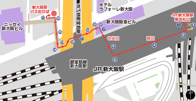 JR新大阪站在来线东检票口路线 区域示意图