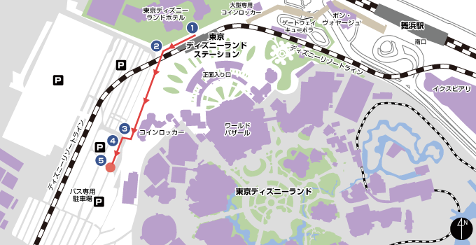 东京迪士尼乐园站路线 区域示意图