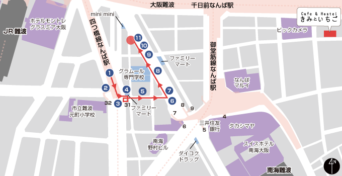 地铁四桥线难波站31号出入口路线 区域示意图