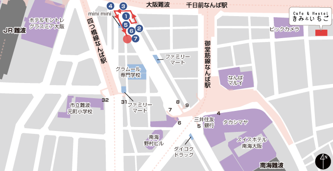 地铁御堂筋线难波站B3出口路线 区域示意图
