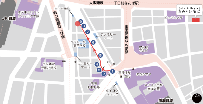地铁御堂筋线难波站7号出入口路线 区域示意图