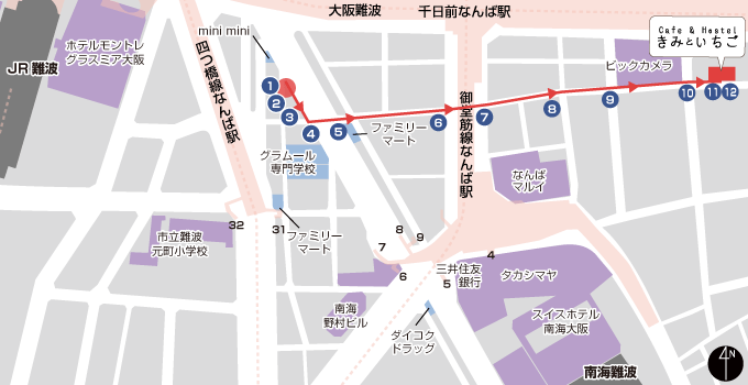 难波巴士站(VIP Villa难波前)→ 神户牛丼兑换门店步行路线 区域示意图