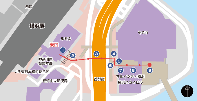 横滨站东口 Sky大厦2层外人行天桥路线 区域示意图
