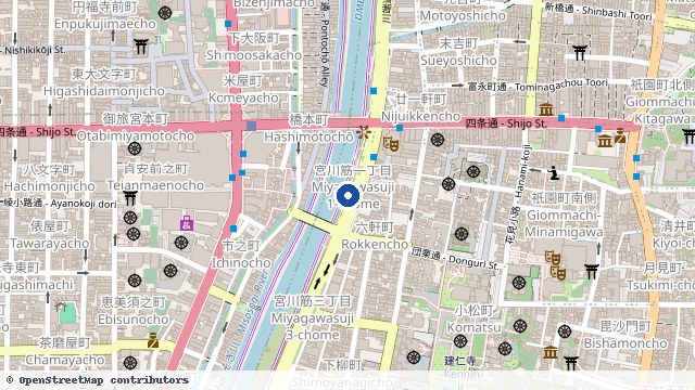 祇园四条站 位置示意图（OpenStreetMap 快照）