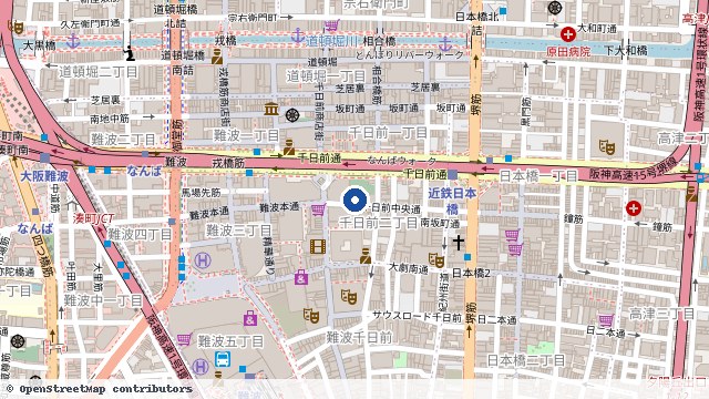 难波下车点 → 神户牛丼兑换门店(きみといちご)步行路线 位置示意图(OpenStreetMap 快照)